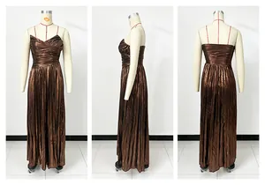 Three perspective views of a metallic bronze pleated maxi dress on a mannequin for party