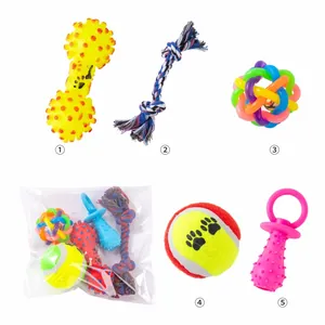 Detail view of 5-piece durable dog chew toy set including rope and rubber balls