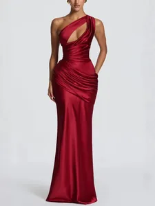 Elegant wine red satin one-shoulder cutout ruched mermaid evening gown for formal events
