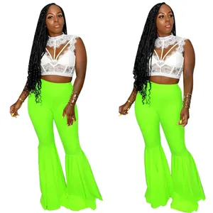 Pantalones de campana sexy verde neón de cintura alta con volante en el bajo para club
