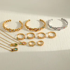 Vintage hammered jewelry set in 18K gold plated stainless steel with colorful gemstones