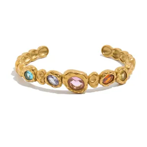 Vintage gold-plated titanium steel cuff bracelet with colorful hammered stones