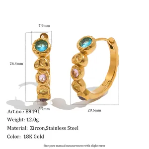Detailed dimension and material specs for 18K gold plated stainless steel zircon hoop earrings