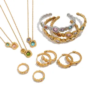 Vintage 18K gold plated jewelry set with colorful gems and hammered texture