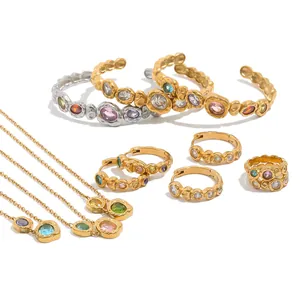 Vintage 18K gold plated stainless steel jewelry set with hammered texture and gems