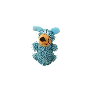 Cute blue shaggy mop dog squeaky toy for pet teething and interactive fun play