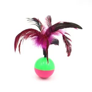 Jouet culbuto pour chat avec plumes colorées sur une base sphérique vert et rose
