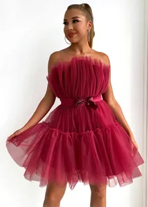 Front view of an elegant burgundy strapless mesh party dress with satin bow belt
