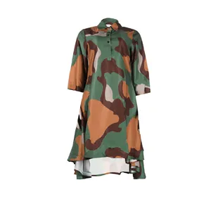 Front view of a camouflage print dress with a pointed collar and high-low hemline.