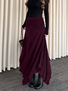 Gonna in Maglia Increspata a Vita Alta Elegante da Donna Inverno Autunno Moda Gonna Midi Drappeggiata a Linea A Rosso Vino