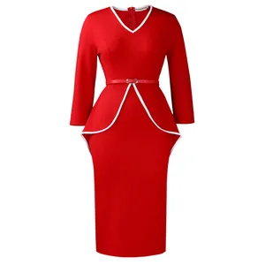 Elegant red peplum pencil dress with V-neck and long sleeves for professional wear.