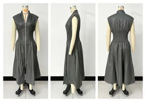 Múltiples ángulos del vestido de cuero sintético sin mangas con cremallera y cintura elástica