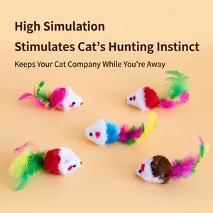 Set of 5 colorful plush mouse cat toys with vibrant feathers for interactive indoor play