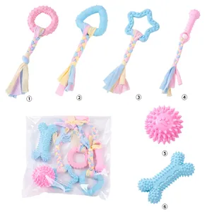 Comprehensive 6-piece dog chew toy set display including rope knots and textured TPR shapes.