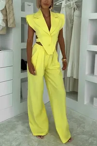 Chic neon yellow two-piece set featuring a sleeveless blazer vest and wide-leg trousers