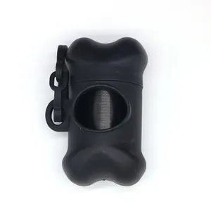 Portable black bone-shaped dog poop bag dispenser with hook for pet waste cleaning.