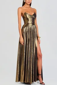 Elegant metallic gold strapless evening dress with pleated bodice and high side slit