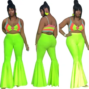 Conjunto sexy verde neón de dos piezas con top suave y pantalón de campana
