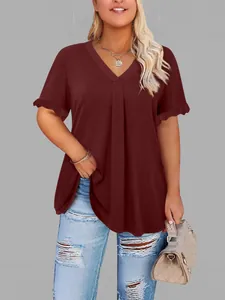 Elegante top casual de talla grande para mujer, rojo oscuro, cuello en V y volantes