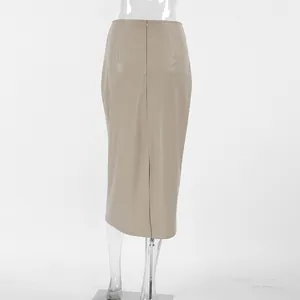 Back view of khaki PU leather midi pencil skirt with split hem and zipper detail