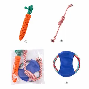 Durable 3-piece cotton dog rope chew toy set for puppies and small dogs, set in bag