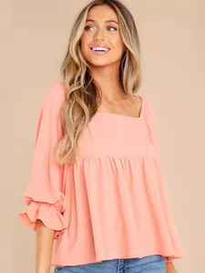 Women Square Neck Puff Half Sleeve Blouse Polyester Smocked Back Peplum Solid Color Top Ruffle Cuff Casual Shirt For Spring