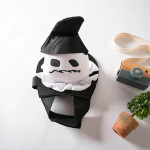 Detailansicht eines gruseligen Haustier-Geisterkostüms mit Rüschenkragen und schwarzem Filzhut.