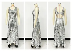 Detailed three-way view of a silver sequin evening gown showing open back and sequins