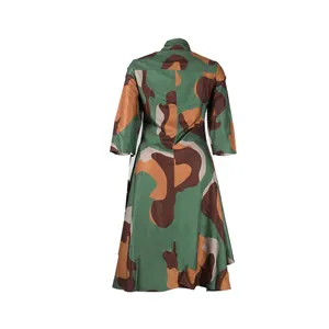 Back view of a camouflage print slim fit midi dress featuring a classic lapel design.