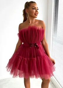 Elegant maroon strapless tulle mini party dress featuring a stylish bow at the waistline