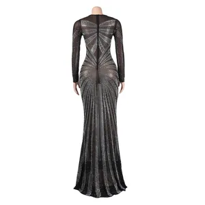 Back view of a floor-length black mesh dress with intricate silver rhinestone patterns.