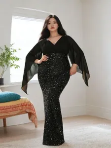Vrouwen Elegante Diepe V-hals Pailletten Chiffon Patchwork Avondjurk Cape Mouw Hoge Taille Maxi Jurk Banket Feest Formele Jurk