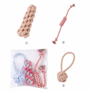 Detailed view of 3-piece durable braided cotton rope dog toy set for teething and play
