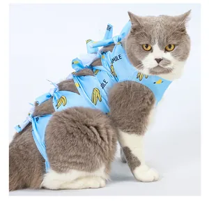 Blue cat recovery suit with cute banana print and adjustable tie-back closure