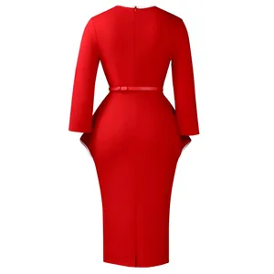 Back view of elegant red long sleeve pencil dress with peplum waist and belt detail