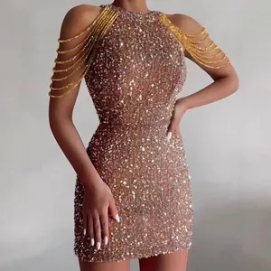 Women Halter Sequin Bodycon Mini Dress With Rhinestone Crystal Chain Tassel Sexy Sleeveless Party Nightclub Dress
