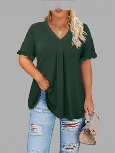 Top casual de talla grande verde oscuro con cuello en V, mangas con volantes y pliegue