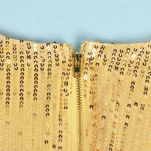 Close-up of gold sequined dress featuring a high-quality metal zipper detail.