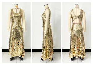 Detailed front, side and back view of a luxury gold sleeveless sequin evening gown