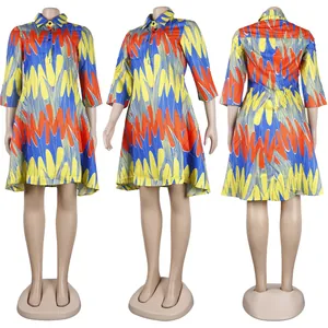 Detailed front, side and back views of a slim fit colorful abstract pattern dress