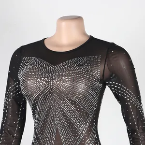 Close-up of intricate silver rhinestone pattern on black sheer mesh nightclub dress.