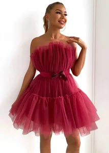 Elegant wine red strapless tulle puffy party dress featuring a waist bow on model