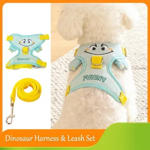 Cartoon Dinosaur Pet Dog Harness And Leash Set Breathable Mesh Vest For Small Dogs Anti-Escape Adjustable Puppy Walking Harness