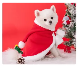 Red Christmas pet hooded cape for small dogs and cats with festive plush white trim.