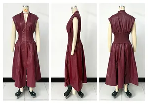 Vestido de imitación de cuero burdeos sin mangas con cremallera y cintura elástica