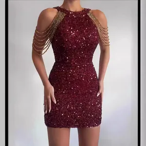 Burgundy sequined mini dress with gold chain halter neck and bodycon fit for parties