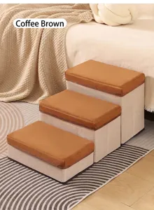 Foldable 3-tier pet stairs in coffee brown and beige fabric for bed and sofa