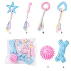 6-piece pastel dog chew toy set featuring rope knots and rubber molar bones