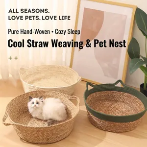 Cuccia per Gatti in Paglia Intrecciata a Mano Cesto Rinfrescante Estivo per Animali Domestici Nido Rotondo Semicluso in Stile Pastorale per Gatti e Cani Piccoli