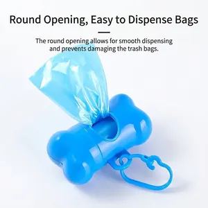 Blue bone-shaped pet waste bag dispenser with portable hook for outdoor dog cleaning